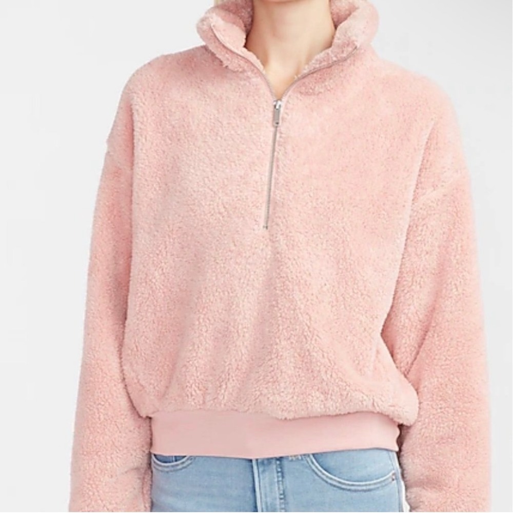 Express Womens XS Pink Cropped Fleece Teddy Quarter Zip Pullover Sweatshirt